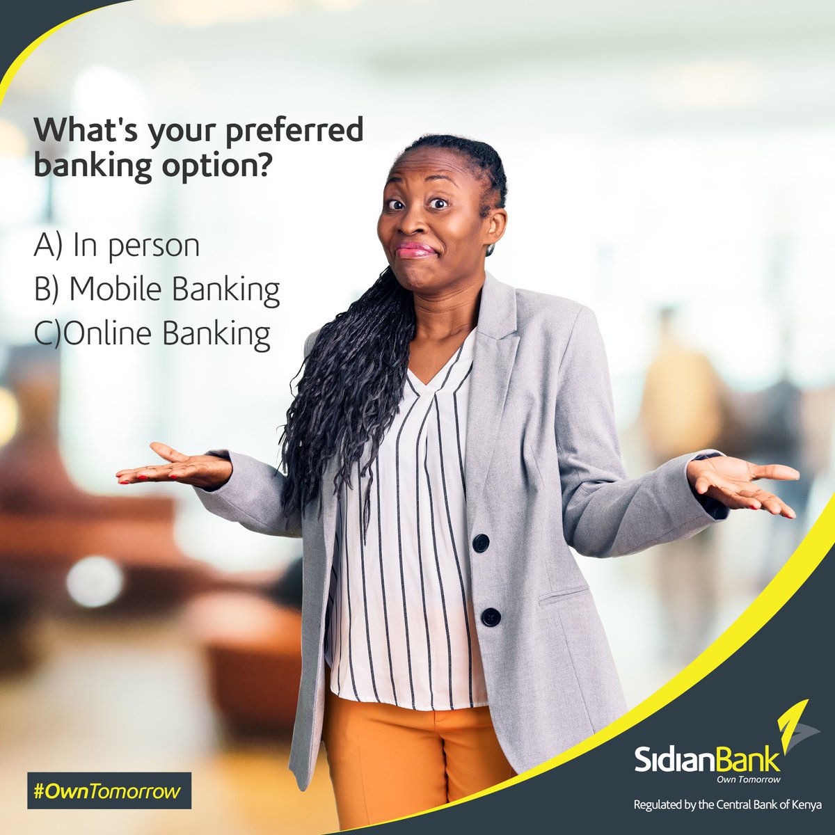 SidianBank's tweet photo. What’s the most convenient way for you to transact? Bank cards, Mobile banking, online banking? Let us know in the comment section.
#OwnTomorrow #BankingServices #kaachonjo #secureyourbanking https://t.co/OwlkgvVRP9