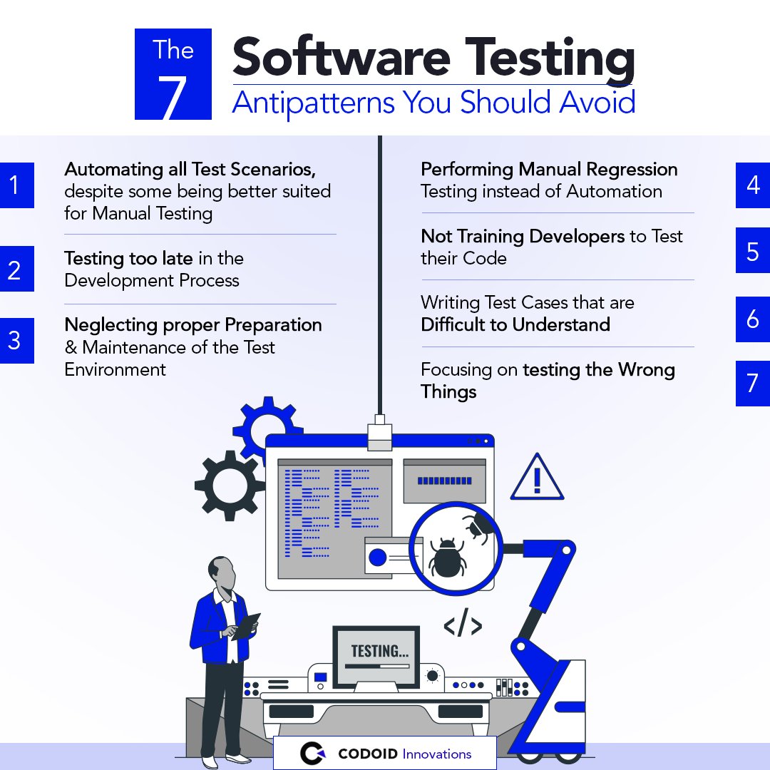 codoid's tweet image. The 7 Software Testing Antipatterns You Should Avoid
1. Automating all Test Scenarios, despite some being better suited for Manual Testing
2. Testing too late in the Development Process
#codoid #antipatterns #softwaretestingtips #qatips #qacompany #testautomation