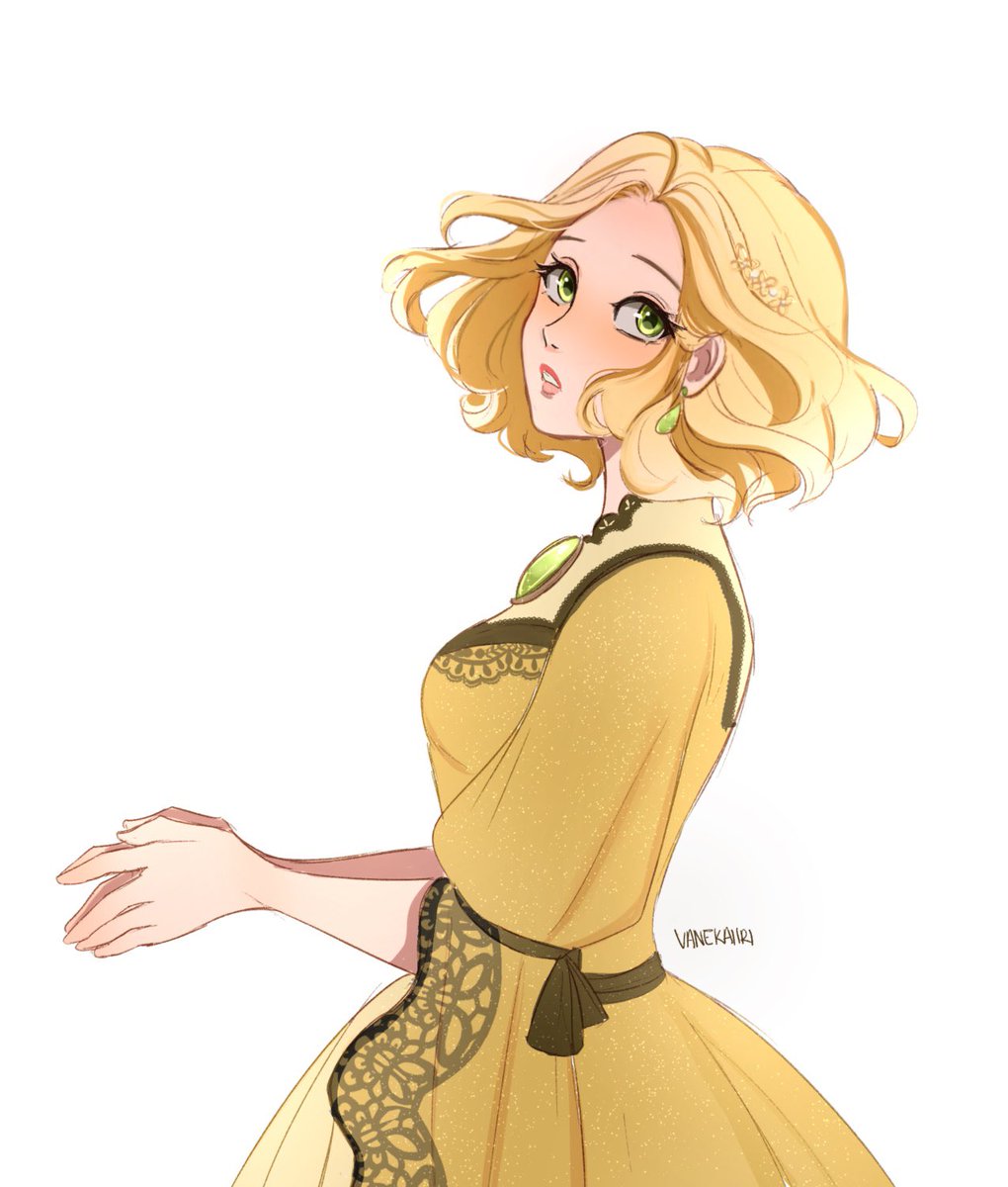 1girl blonde hair yellow dress solo dress green eyes jewelry  illustration images