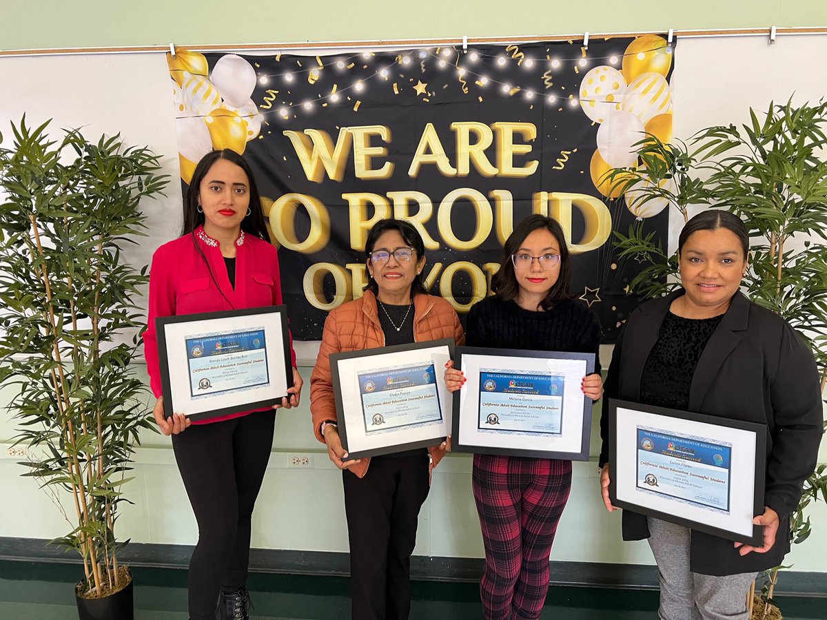 NLMAdultSchool's tweet photo. Four exceptional @NLMAdultSchool graduates were recognized today for their California Adult Ed Student Succeed Awards. Thank you for inspiring others through your stories of success! #AdultEducation #AdultEdu #MoveAheadWithAdultEd #AdultEducationWeek #NLMUSD https://t.co/sngJ5SvvHl