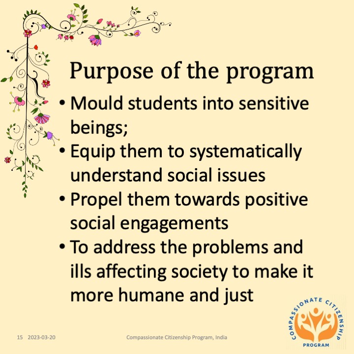 CompassionCOVA's tweet photo. Purpose of the program
- students becoming sensitive beings;
- Equip them to understand social issues
- Propel them towards positive social engagements 
- To address the problems and ills affecting society to make it more humane and just
#CompassionateCitizenshipProgram https://t.co/ZA1zG8dJpr