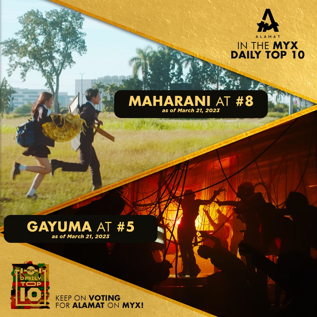 Official_ALAMAT's tweet photo. MAGILIW na umaga po! 💥 ALAMAT’s Maharani and Gayuma MVs are now both part of MYX’s Daily Top Ten! Keep on voting Magiliws and help us get to the top spots! ❤️‍🔥

#ALAMATGayumaMV
#ALAMATMaharaniMV
#ALAMATPasulong

@viva_records @VivaArtists_ @NinunoMedia https://t.co/CVl9fJ4RxP