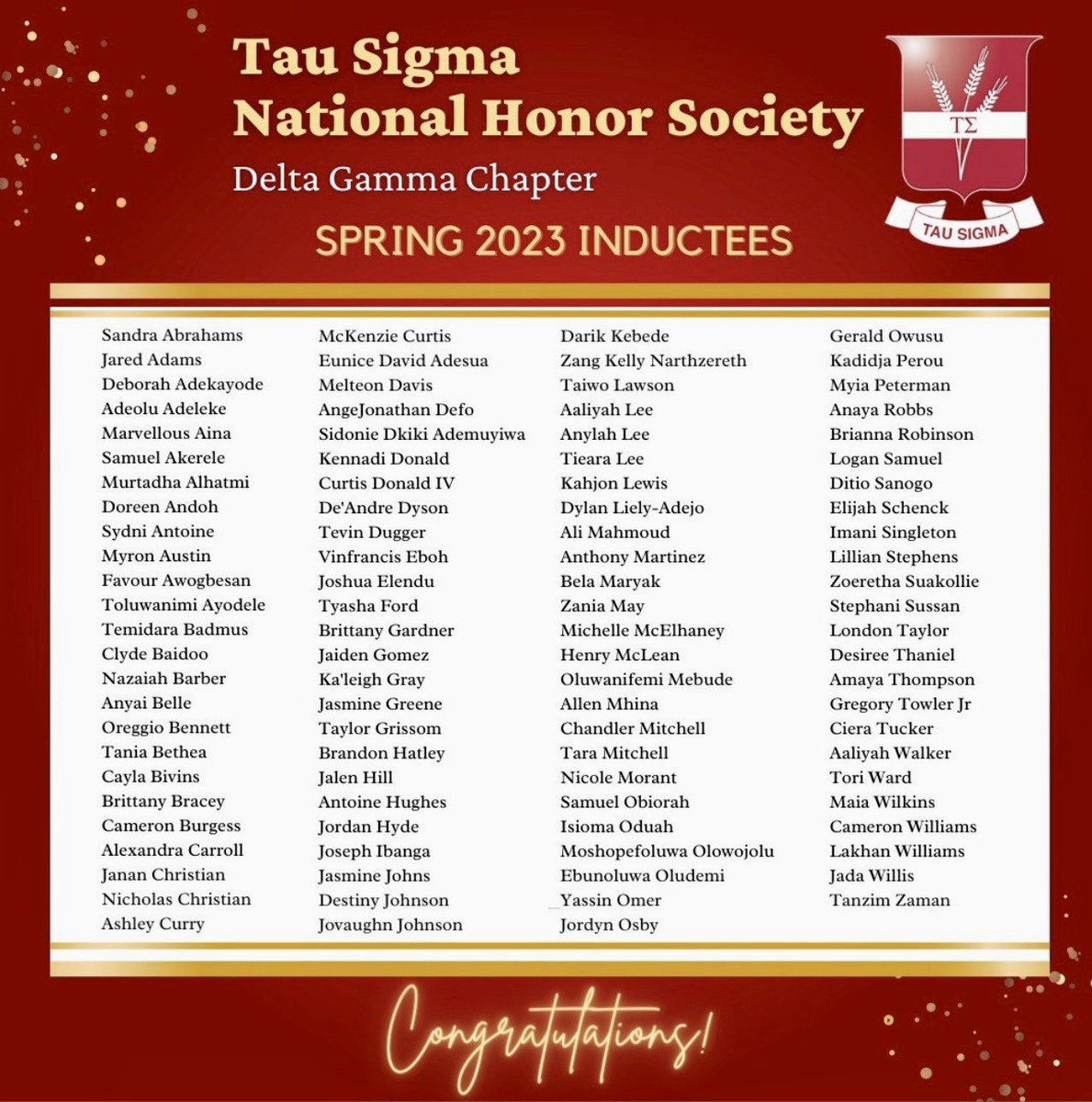 Congratulations to our new transfer students joining our Tau Sigma fam! Introducing our spring 2023 Tau Sigma inductees! 🎉🥳

#TauSigmaNationalHonorSociety #TauSigma #TauSigmaDeltaGamma #TauSigmaBears #MorganStateUniversity
 #GoBears💙🧡 #TransferStudents #TransferStudentSuccess