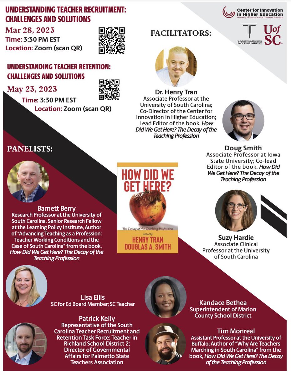 Join us 

Seminar 1:  Understanding Teacher Recruitment: Challenges and Solutions
Time: Mar 28, 2023 03:30 PM Eastern Time (US and Canada)
Join Zoom Meeting
us02web.zoom.us/j/89041121921?…