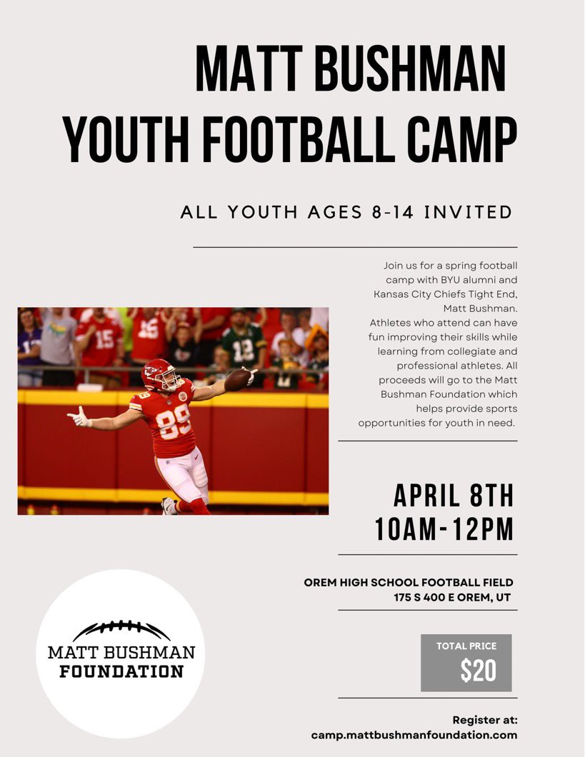 CriddleBenjamin's tweet photo. Matt Bushman @mbush89 is hosting a youth football camp! 

Signup: https://t.co/ZPLuWGMSme https://t.co/cYUuwNAeWz