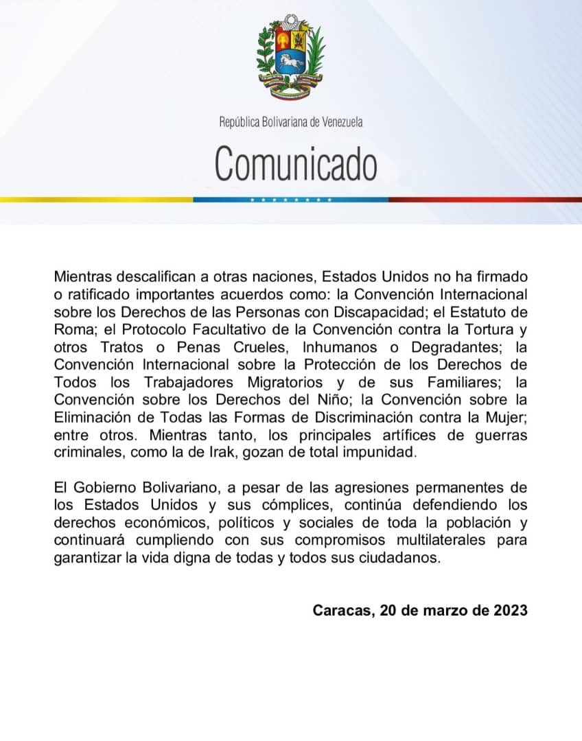 El Gobierno de la República Bolivariana de Venezuela rechaza el más reciente informe sobre DDHH del Dpto. de Estado de los EEUU, país que, a pesar de mantener una agresión permanente contra los derechos del pueblo venezolano, pretende calificar la actuación de otros gobiernos.