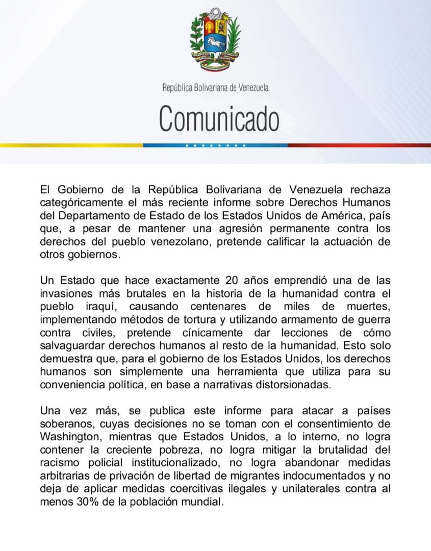 yvangil's tweet photo. El Gobierno de la República Bolivariana de Venezuela rechaza el más reciente informe sobre DDHH del Dpto. de Estado de los EEUU, país que, a pesar de mantener una agresión permanente contra los derechos del pueblo venezolano, pretende calificar la actuación de otros gobiernos. https://t.co/hifeDjJlHa