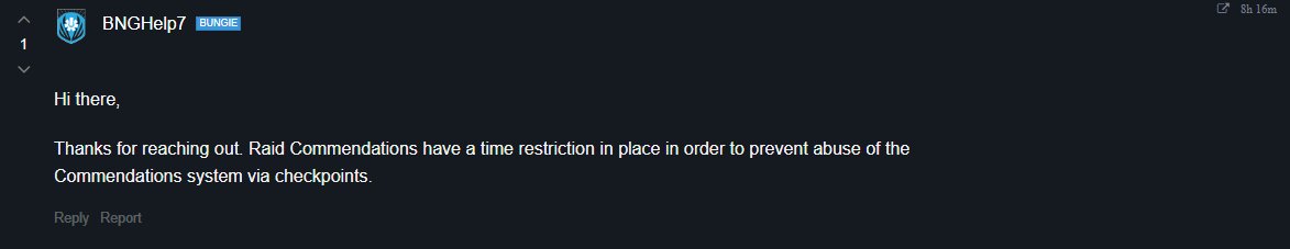 DevoJM's tweet photo. @Destiny2Team Are there any plans on changing players getting locked out from commending after raids/dungeons? 
It seems to be over an hour-long lock, which is wild.
Also, why wasn't this communicated that a restriction was being put in place anyways (unless I missed it)? https://t.co/iSGOzRua9g