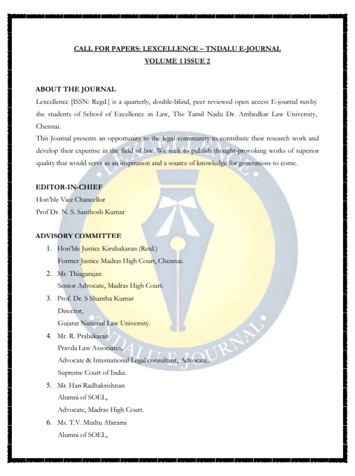 Tndalu_Official's tweet photo. CALL FOR PAPERS: #LEXCELLENCE – #TNDALU E-JOURNAL VOLUME 1 ISSUE 2.#ejournal #law #spreadlove https://t.co/VpatWIcMBd