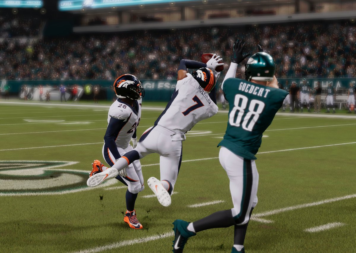 DestinyBroncos's tweet photo. Denver takes to the road and finds victory with a 30-7 score over the Philadelphia Eagles. The defense was stingy forcing 4 turnovers and 6 sacks on the day. Trevor Moehrig (pictured) secured a key pick late in the 3rd. 
@DestinyMaddenLG https://t.co/st8zALncTG