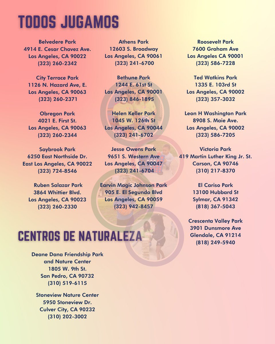 STARTING TOMORROW! #LACountyParks is extending the Every Body Plays program at 16  and select parks and 2 Nature Centers from 8AM to 5:30PM, March 21 - 23 to for youth during the LAUSD strike. Both parks and nature centers will provide free meals. See flyer for complete details.