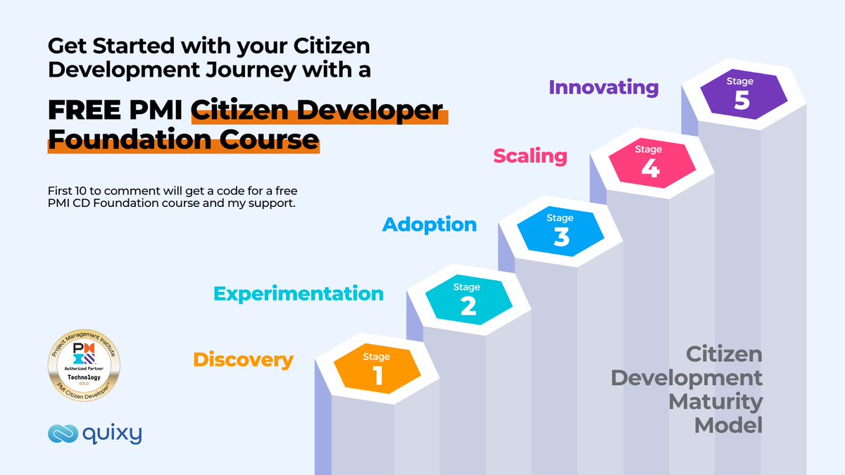 vivekxgoel's tweet photo. As a CD Evangelist, I'm offering free @pminstitute Citizen Development Courses.

The first 10 to comment, "I want to start exploring citizen development." will get a code for a free PMI CD Foundation course and my support.

What are you waiting for? Let's #@NoCode https://t.co/Zhhq3okjMo