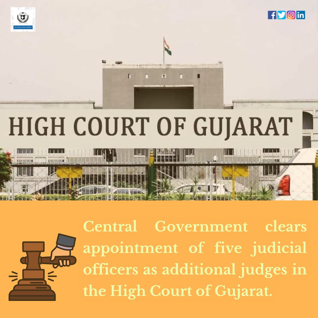AILF_2020's tweet photo. Appointment of five judicial officers as additional judges of Gujarat High Court cleared by Central Government.

#legalstudies #lawstudent #legalknowledge #legalawarness #legalnews #supremecourt #indianlaw #indianlaw  #lawupdates #collegium #highcourt #judges #judiciary https://t.co/2OPJcEmrBB