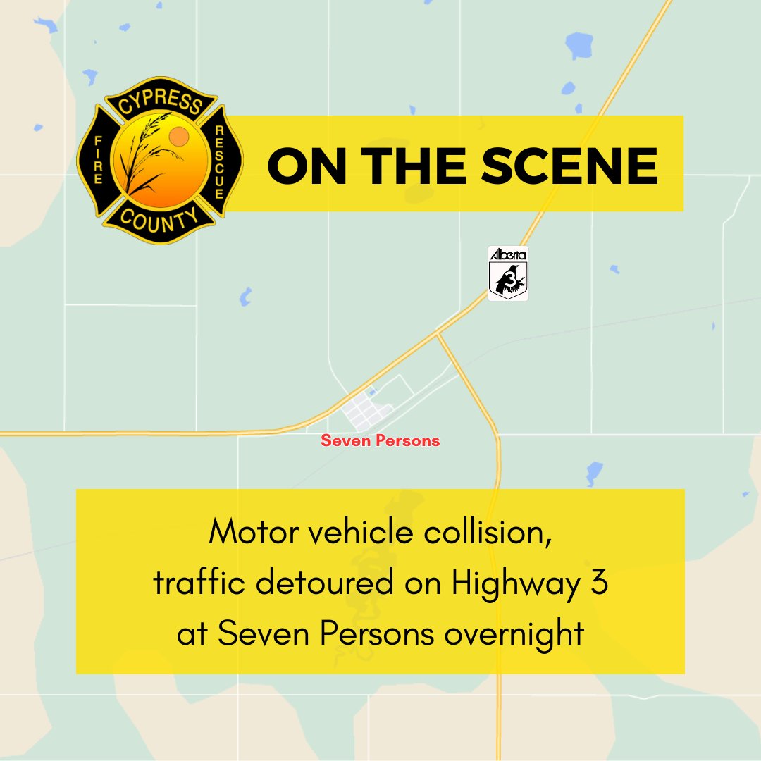 CypressCounty's tweet photo. Our crews are on the scene of a motor vehicle collision on Highway 3 at Seven Persons. There will be a detour overnight as RCMP conduct an investigation.

#CypressCounty #ABRoads https://t.co/1fob1RjttI