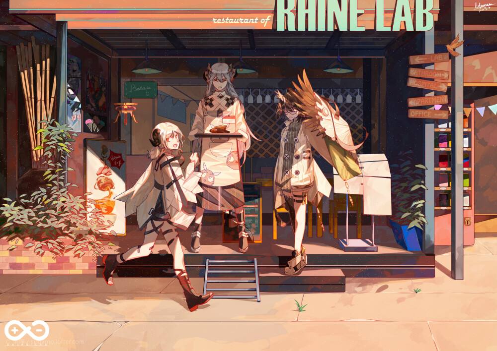 ifrit (arknights) ,saria (arknights) ,silence (arknights) multiple girls horns feather hair cafe walking long hair apron  illustration images