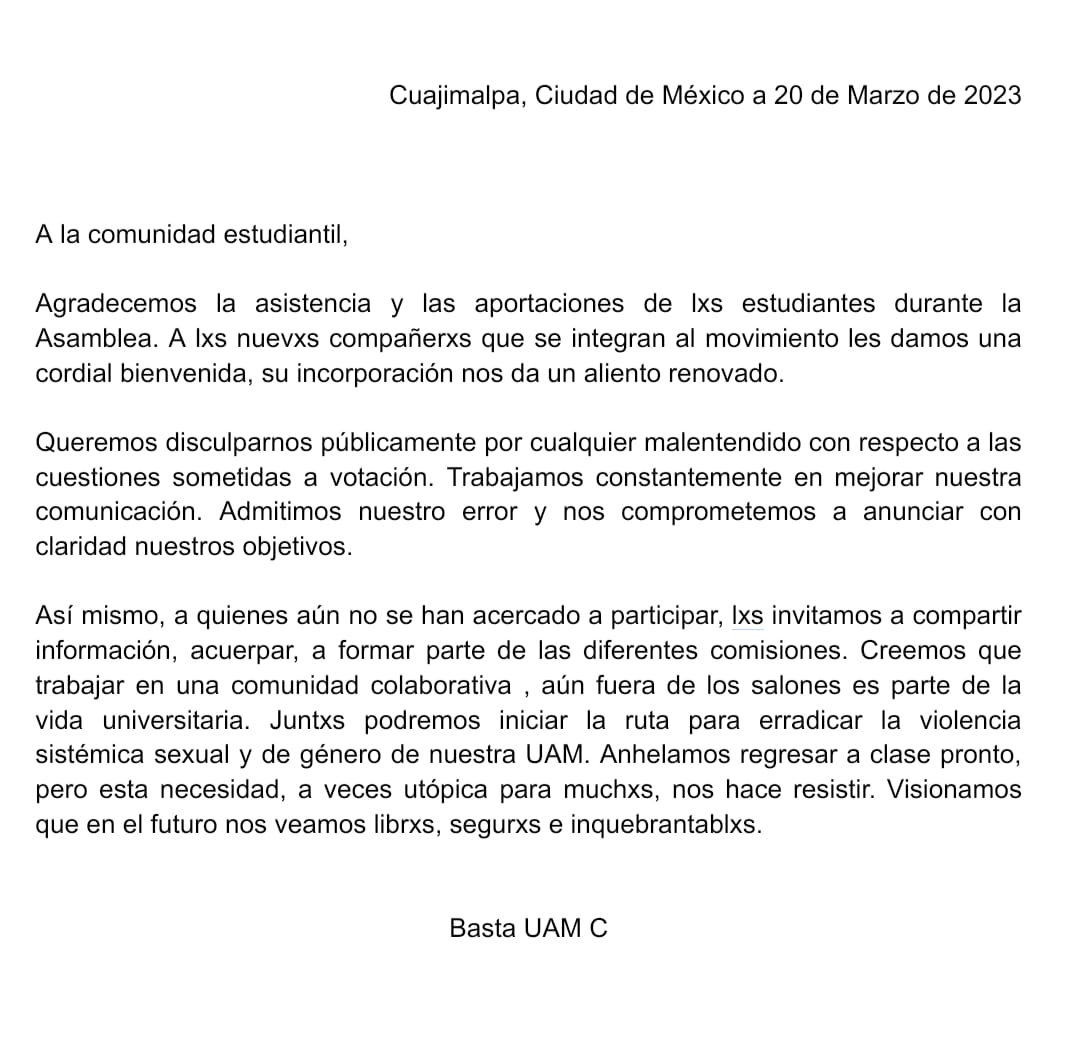 BastaUAMC's tweet photo. Estamos trabajando en mejorar nuestra interacción con ustedes, les pedimos disculpas de la manera más honesta.
#8m
#feminismo
#iceberguam https://t.co/DDfkuLnEeX