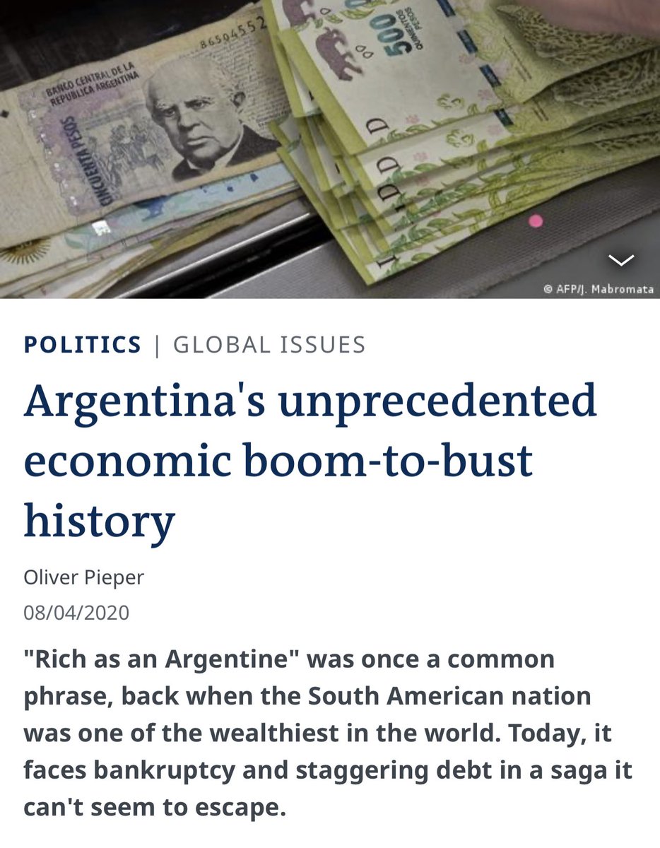 balajis's tweet photo. “Argentina went from ranking among the world's top economies to one at the very bottom of the list…the guiding principle was profligacy. And then, when nothing else worked, to go into debt, print money and let inflation gallop.” https://t.co/Ur8OAxT7ow https://t.co/QPssanMEx7