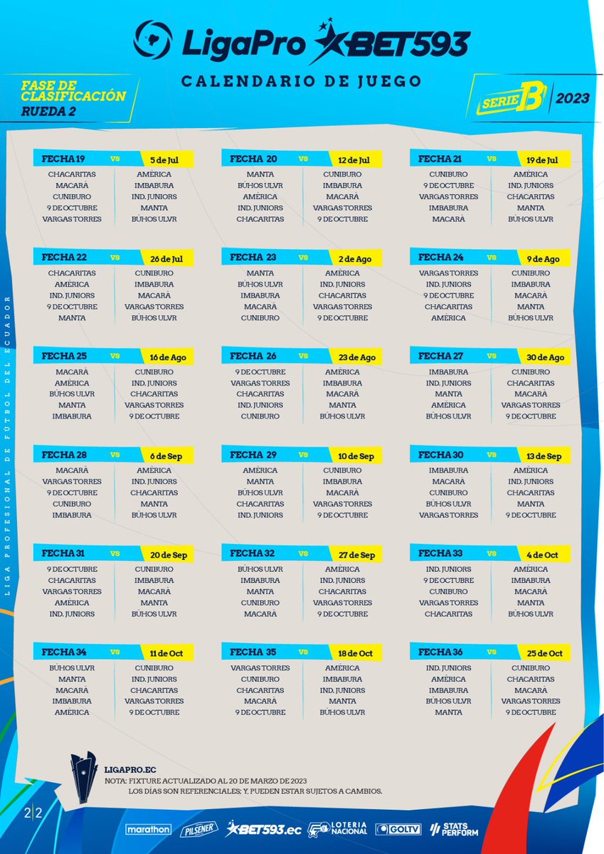 ElEspartanoEc's tweet photo. 🗓️📋 Calendario actualizado de la Liga Pro Bet 593 de la Serie B 2023.

✅⚽️ Desde este martes comienza el torneo.

📸: @LigaProEC https://t.co/ZaDqhJtvYv