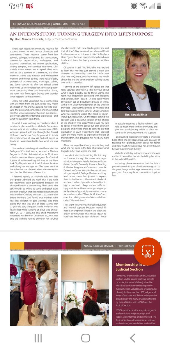 nomoremel's tweet photo. Article on me written by Honorable Marcia Hirsch in the Judicial Dispatch.  Thank you Judge Hirsch for your support and encouragement throughout my career @nycourtspress #TheSkyHasCaringEyes #MJAF #melquainjatelleandersonfoundation #momsdemand #goldmindthoughts #endgunviolence https://t.co/ZW8mNPM5aS