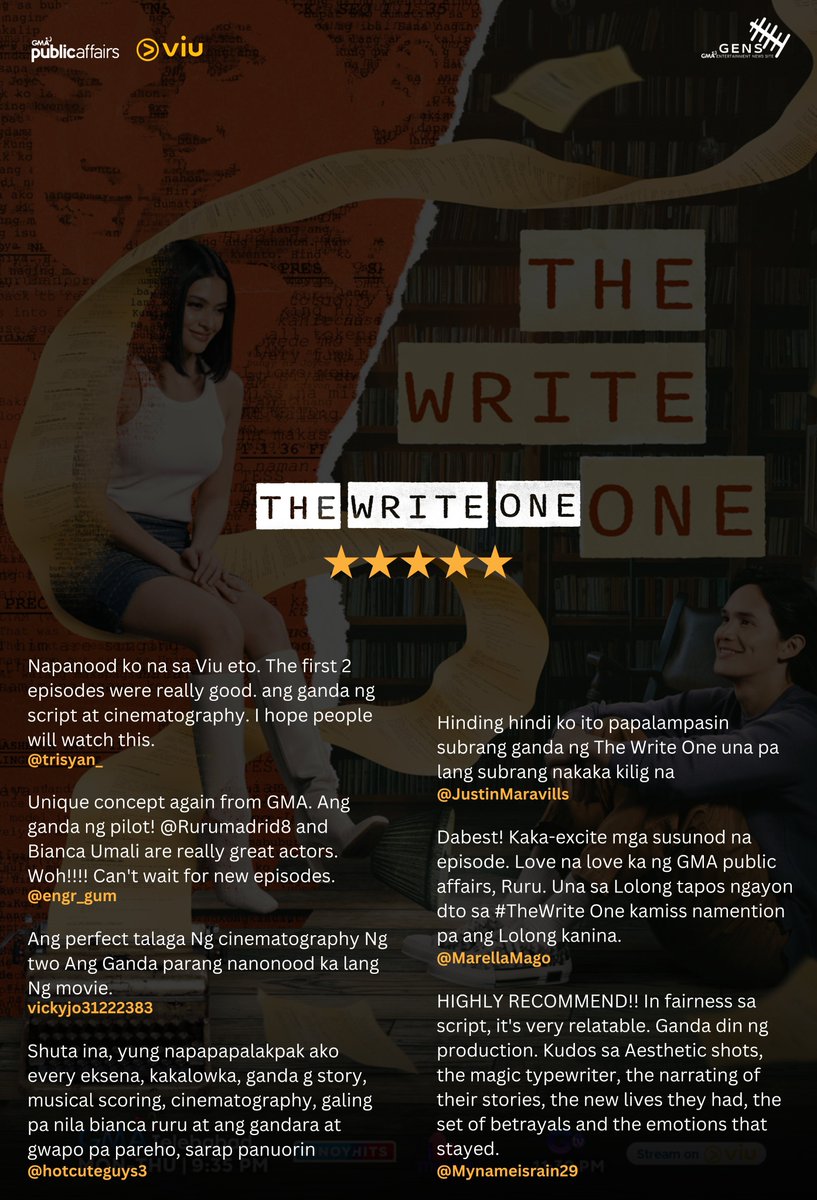 GENSDigital_'s tweet photo. Maraming salamat sa panunuod ng pilot episode kahapon ng #TheWriteOne, mga Kapuso. Nabitin ka rin ba? Tutok lang dahil mas kapana-panabik pa ang mga mangyayari sa mga susunod na episodes!
#TheWriteOneWorldPremiere
The Write One | 9:35PM
GMA Telebabad https://t.co/KAEy5uiduS