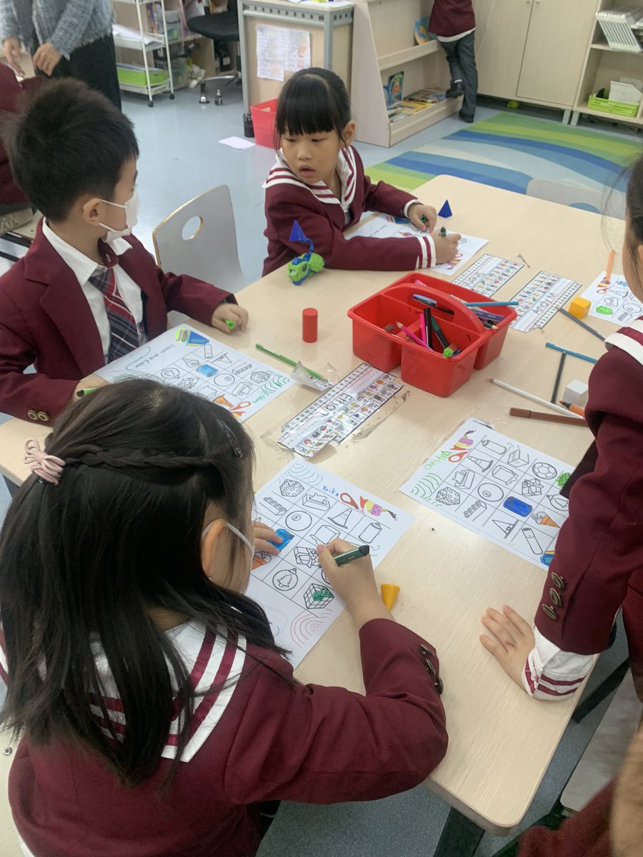 MsClares's tweet photo. Practicing following instructions and names / properties of 3D shapes. Can you colour the cylinder blue? Can you colour the cube green? We’re some examples. #myCISB #numeracy #3Dshapes https://t.co/6EngVwwnxa
