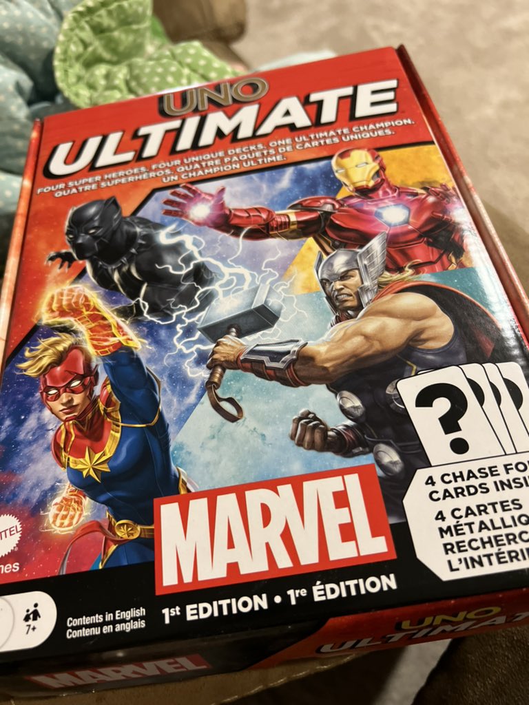 Chanchai_VF's tweet photo. Tonight, the kids and I play a fun and simple self-contained game:
Uno Ultimate: Marvel (1st Edition)
A fun spinoff where each player has a hero deck that contributes enemies & events as well as unique powers and personal Uno cards.
Should be fun! #UnoUltimate https://t.co/mD3cx1RKU0