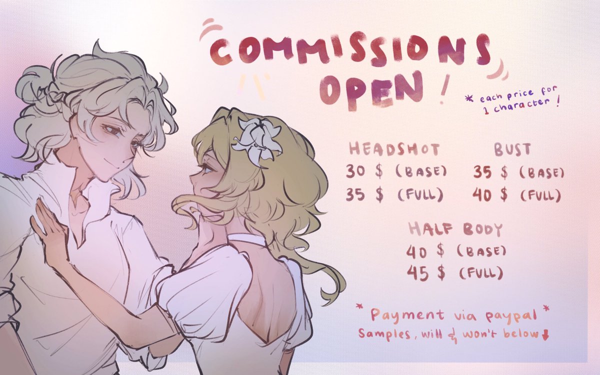 Hi! I'm reopening my commission for 10 slot. Samples, will and won't below this twt. I also open my comms for indonesian, for more details here > https://t.co/NaZ52lbaT0 

feel free to dm me if you're interested or have any question!

#commissionsopen @cmsn_ART @CmsnArtist_Id 