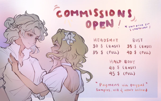Hi! I'm reopening my commission for 10 slot. Samples, will and won't below this twt. I also open my comms for indonesian, for more details here &gt; https://t.co/NaZ52lbaT0 

feel free to dm me if you're interested or have any question!

#commissionsopen @cmsn_ART @CmsnArtist_Id 