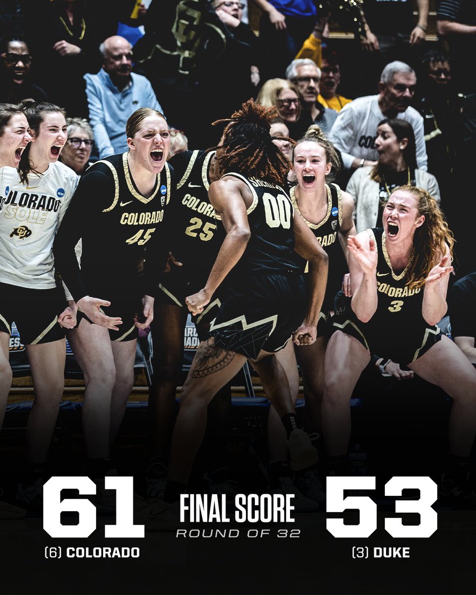 espn's tweet image. Colorado upsets Duke in OT to head to the Sweet 16 for the first time since 2003! 🙌 🏔️