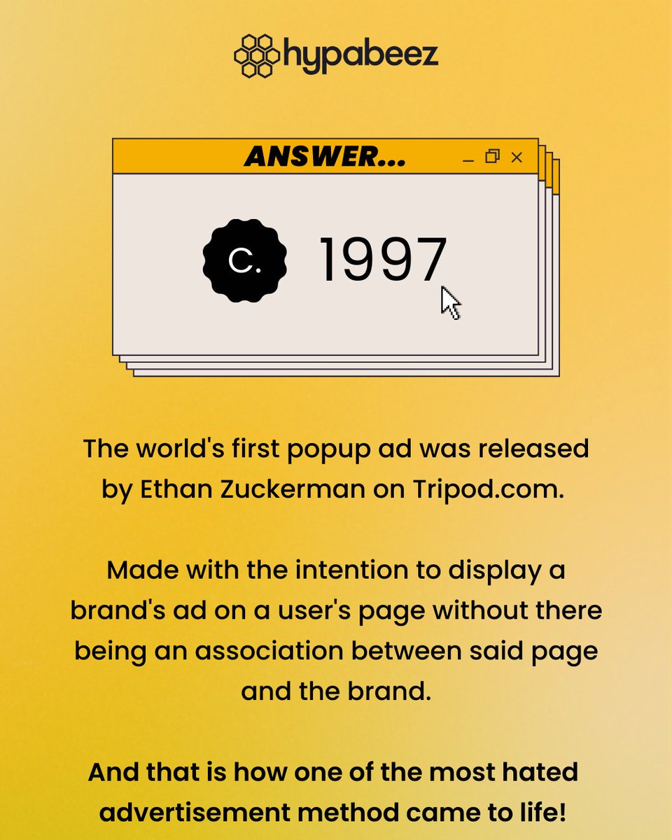 hypabeez's tweet photo. Seems only fitting to ask about the first popup ad with our very first popup quiz! Ever wonder when one of the most hated advertising tools was made, and by who? Swipe to check it out, did you get it right?

#hypabeez #marketingagency #marketingdigital #popupad #marketinghistory https://t.co/X2afYUoure