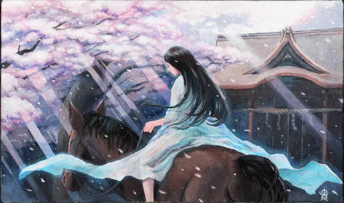 桜の季節なので、一昨年描いた桜テーマのアクリル画「女躰権現社 桜」を再掲貴房の地元、川崎市 #宮前区 の「馬絹神社(旧社名:女躰権現社)」の境内の桜と、祭神の女神様を描きました「昔、薄絹を纏った女神が馬を駆り森に消えていった。その女神を祀るため社を建てた」と伝えられています。 