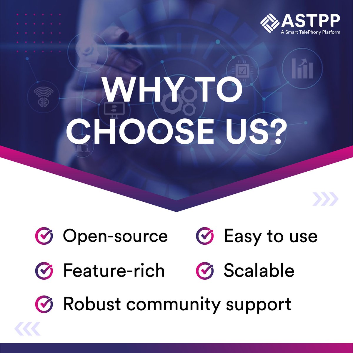 astpp_official's tweet photo. Why to choose us π€?
π Open-source
π Feature-rich
π Easy to use
π Scalable
π Robust community support
#ASTPP #VoIP #VoIPplatform #VoIPBilling #VoIPSoftware #Opensource #TelephonyPlatform https://t.co/AW53RKVfUl