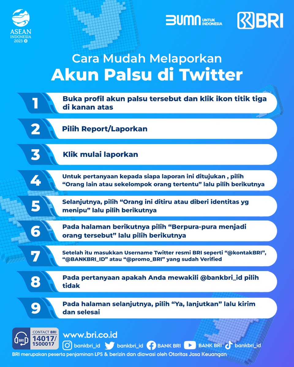 kontakBRI's tweet photo. Sobat BRI. Pernah menemukan akun palsu Twitter yang mengatasnamakan BRI? Yuk kita laporkan!
Jangan sampai orang tua, saudara, dan teman kamu menjadi korbannya. 

#BRIEdukasi https://t.co/0vpH33UAtD