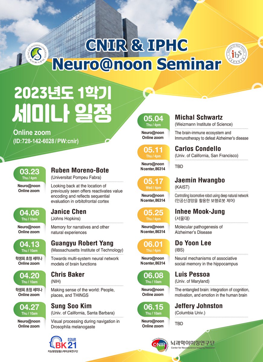 CNIR_IBS's tweet photo. CNIR's Seminar Schedule (Korean standard time) for 2023 is finally up! 🔥🧠👨‍🏫
Get ready for a fantastic lineup of speakers covering cutting-edge topics in cognitive, computational, and clinical neuroscience as well as even robots!! 🌟🔬💻🤖 https://t.co/D9frAvKYfd
