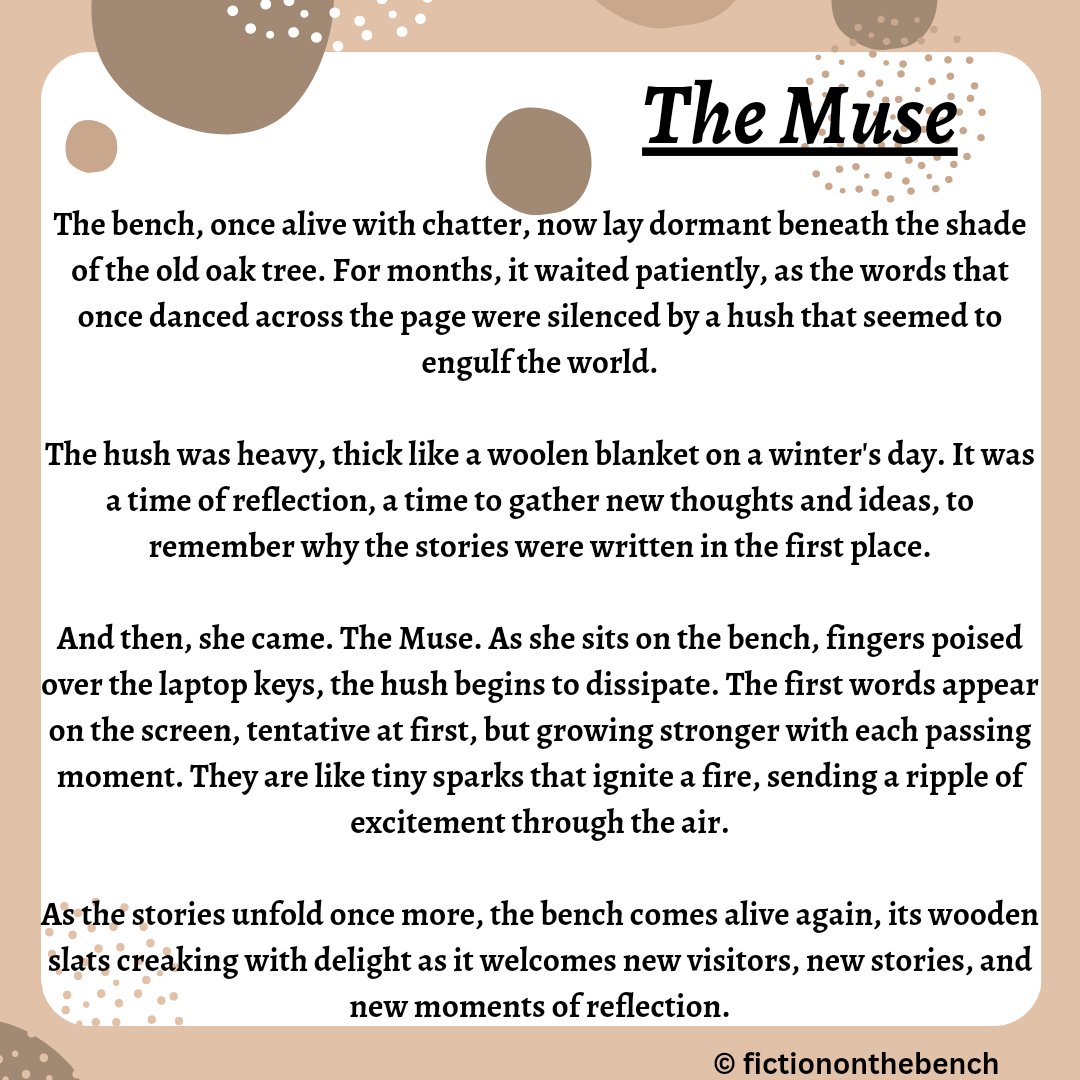 benchfiction's tweet photo. Bench Fiction : "The Muse"
#benchfiction #100wordstories #microfiction #flashfiction #themuse #writerslife https://t.co/ld5qYE7HjX