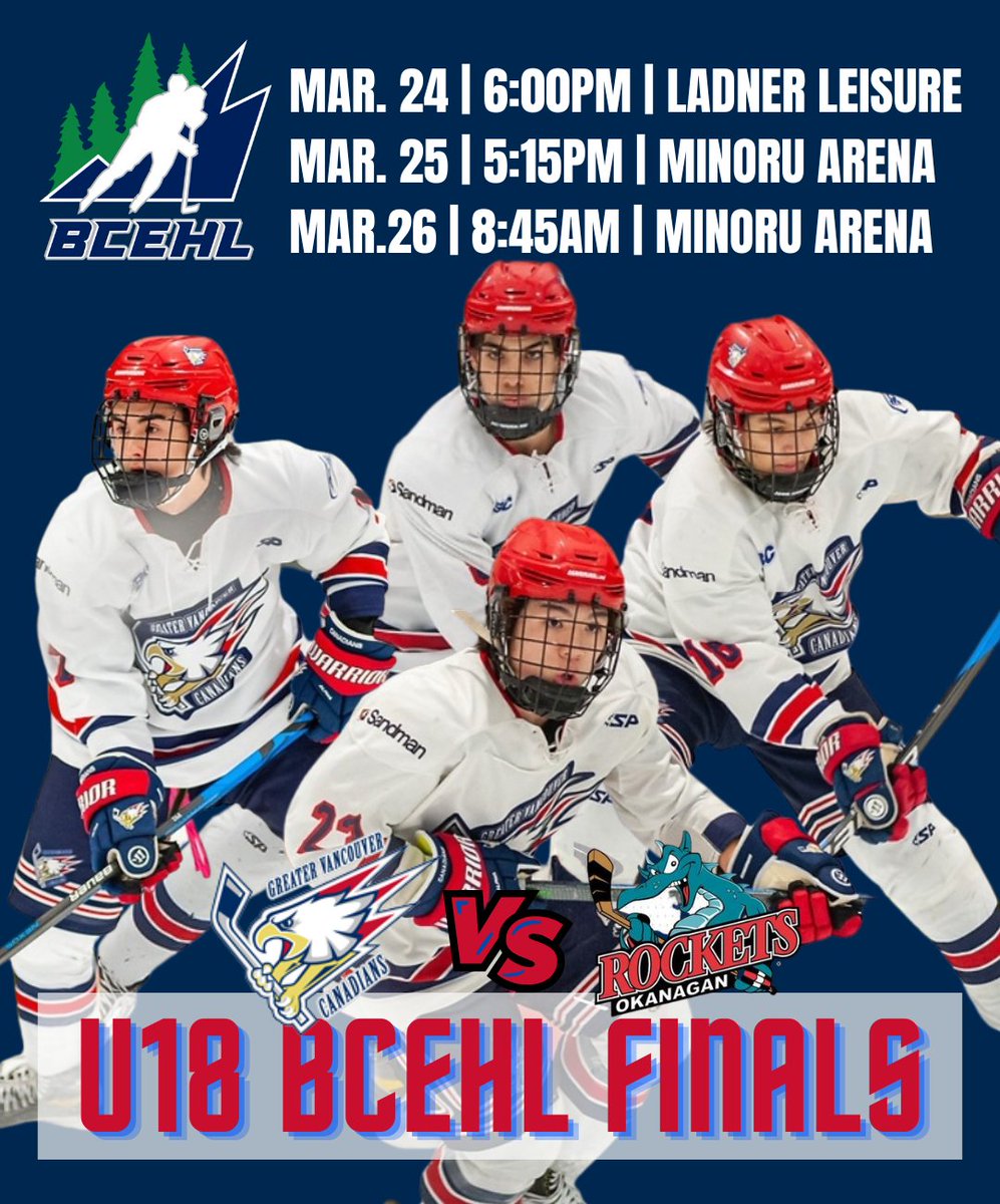 U18 @bcehl_aaa Final Championships  start this Friday against the Okanagan Rockets! Come out to Ladner Leisure Centre (Friday) and Minoru Arena (Saturday and Sunday, if needed) to support the team!