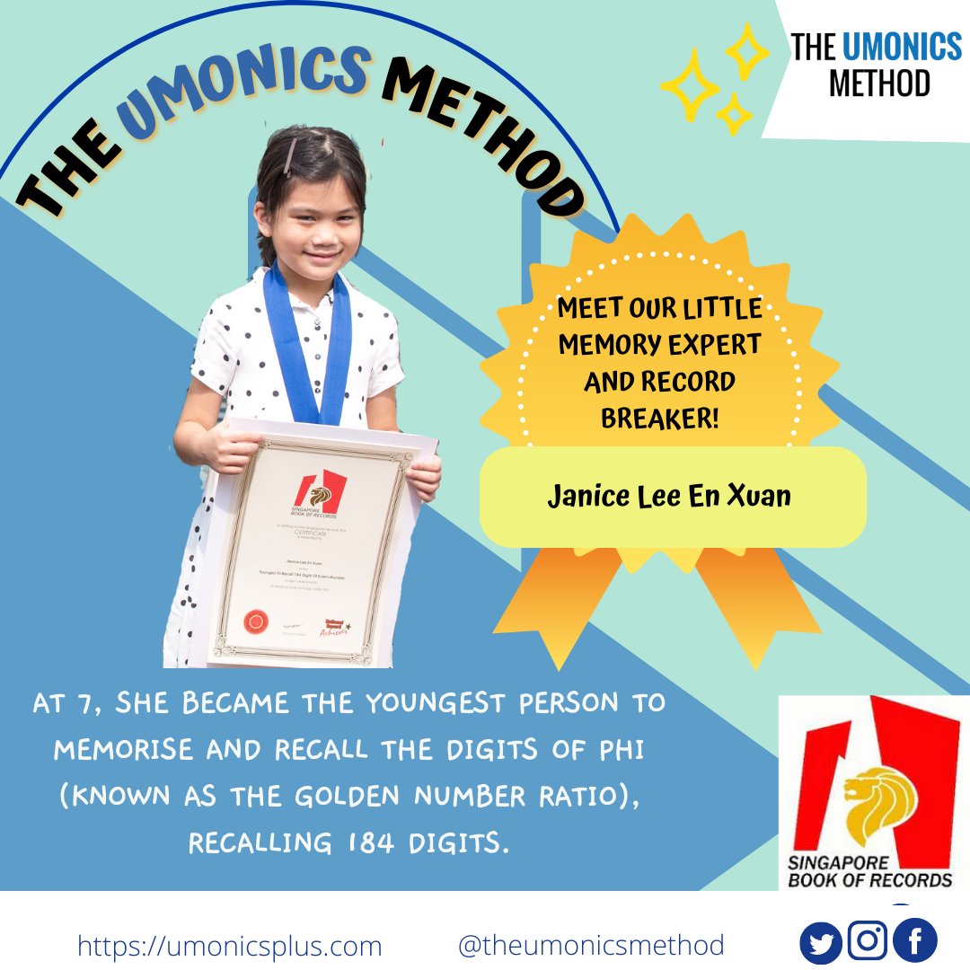 umonics's tweet image. Meet Janice, the Umonics Method memory record breaker!

At 7, she became the youngest person to memorise and recall the digits of PHI (known as the golden number ratio), recalling 184 digits through The Umonics Method.

#LearnWithUmonics
#TheUmonicsMethodMemoryTechniques