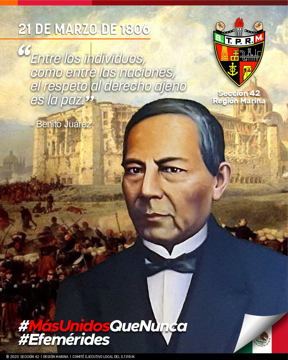 Seccion42_STPRM's tweet photo. Benito Juárez, El Benemérito de las Américas,​ fue un jurista y político mexicano de origen indígena zapoteca. Se desempeñó como presidente de México en varias ocasiones, desde el 21 de enero de 1858 hasta el 18 de julio de 1872

#Efemérides 
#MásUnidosQueNunca 
#UnidosVenceremos https://t.co/8Q42Aeh0ZJ