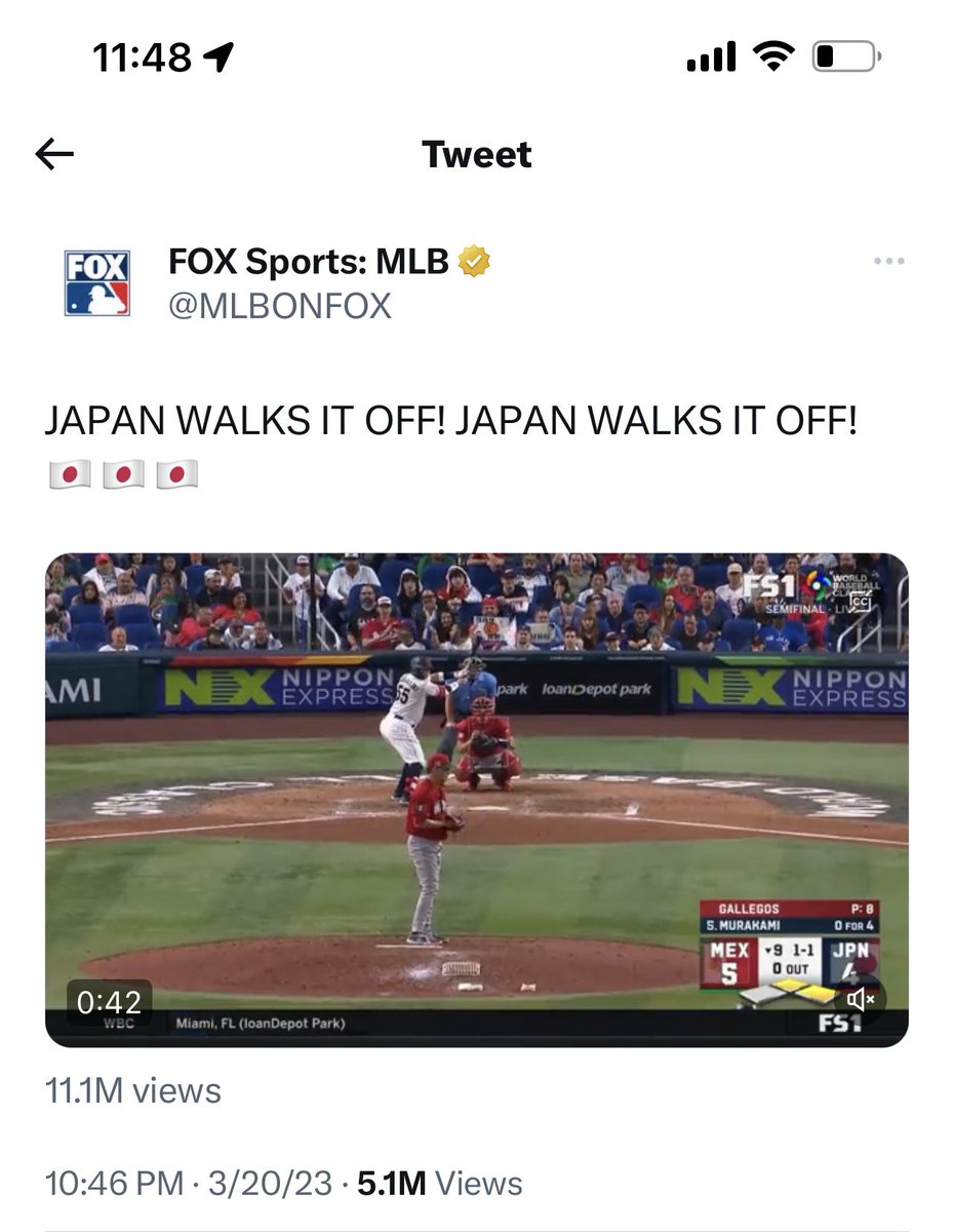 Jared_Carrabis's tweet photo. uhhhhhhh, guys…Munetaka Murakami’s walk-off double for Japan has over 11 million views in just one hour. wow. https://t.co/UsqQKuhpKe