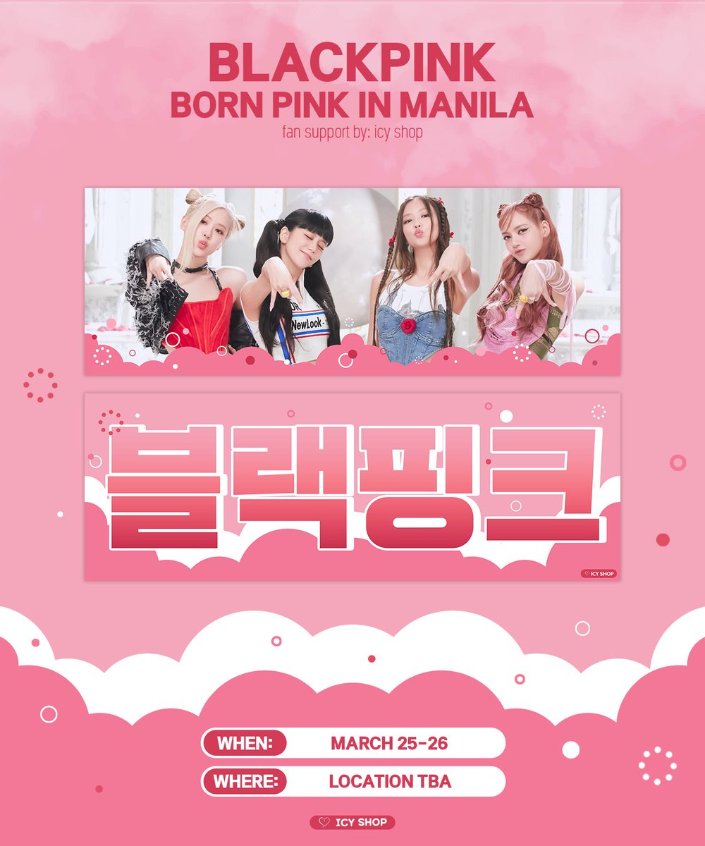 BornPink fanproject #icyshop 

Hi Blinks, i'll be giving away OT4 banners see you there!

— 1:1 ratio (limited quantity only)
— like rt and show proof on d-day
— help like and rt to spread !
— retweet the Pin Post 

more details below ! 

#BORNPINKinMANILA #BORNPINKMANILA_BULACAN