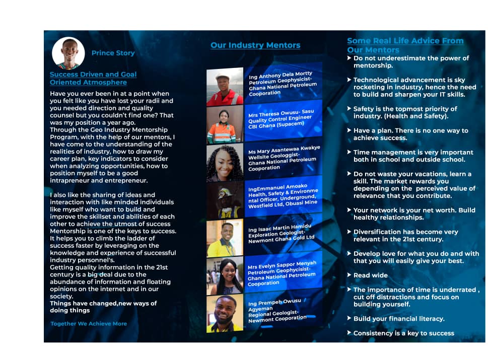 Prince_of_Value's tweet photo. Revamping the Geo Industry Mentorship Programme.

The Together We Achieve More administration has vowed to establish this as a platform that will attract more resources and to benefit the student populace for generations to come 
#knust #gesa #gess https://t.co/mDdiN2WVMD