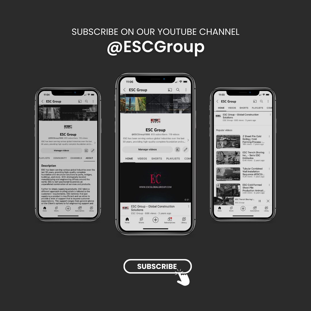 ESCPileSteel's tweet image. Hit that subscribe button now and never miss a moment of our exciting content! #ESCGroup

#MarineSystems #FoundationPiling #SteelStructuresFabrication #TrenchSafety #TrenchShoring #CathodicProtection #CorrosionProtection

✉️ escglobal@escpile.com 📞 +852 8198 0239
