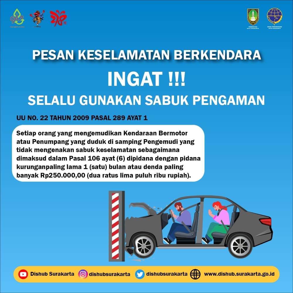 DISHUB KOTA SURAKARTA (@dishubsurakarta) on Twitter photo 2023-03-21 04:00:35 Mengapa penting menggunakan sabuk pengaman?Hal ini demi menjaga kenyamanan, keselamatan serta untuk melindungi dan menahan setiap penumpang yang berada di dalam mobil agar tidak bergerak secara mendadak atau terlempar pada saat terjadi kecelakaan @PEMKOT_SOLO @gibran_tweet Mengapa penting menggunakan sabuk pengaman?Hal ini demi menjaga kenyamanan, keselamatan serta untuk melindungi dan menahan setiap penumpang yang berada di dalam mobil agar tidak bergerak secara mendadak atau terlempar pada saat terjadi kecelakaan @PEMKOT_SOLO @gibran_tweet