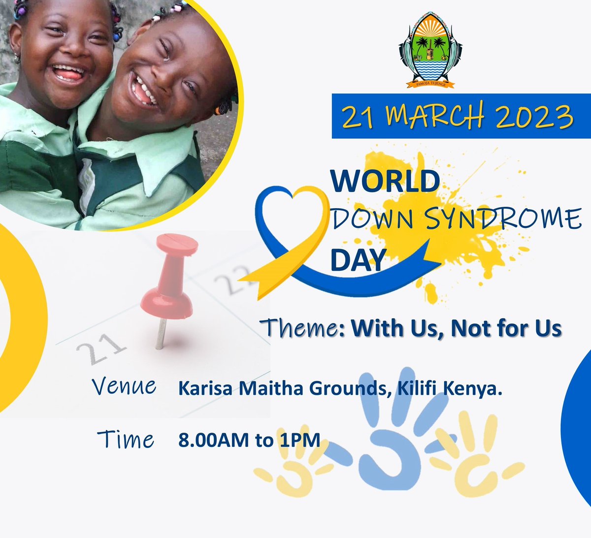 Join us today at #karisamaithaGrounds as we celebrate #worlddownsyndromeday2023 This day is to bring awareness to people with Down syndrome and their rights! Theme: With us,Not for us @Ncpwds @DOHKilifi @BasicNeeds_KE @Difu_Simo @Afya_360 #WDSD2023