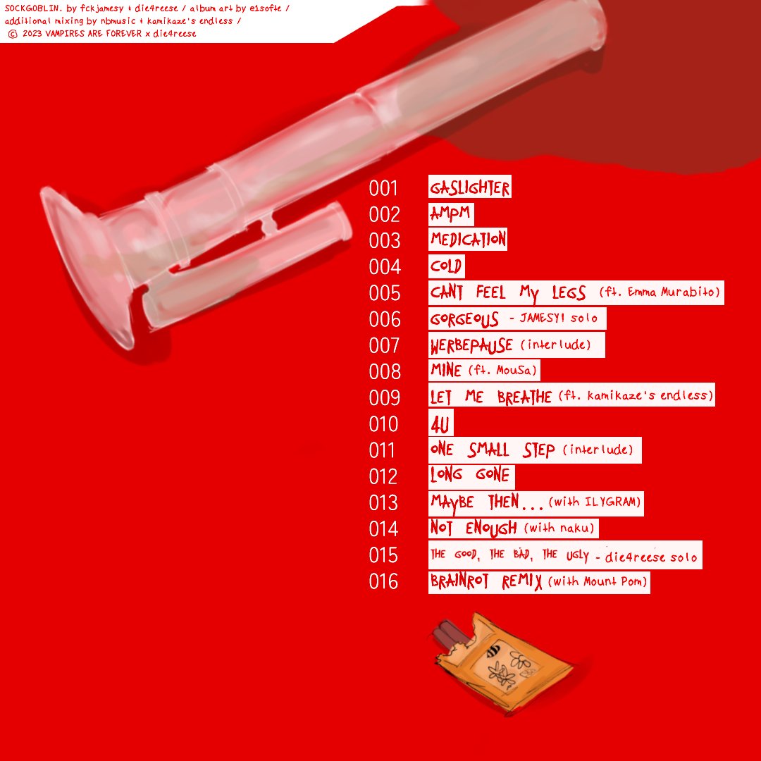 fuckjamesy's tweet photo. our band, ✨SOCKGOBLIN's✨ first studio album is ready for public eyes

ft. @emmamurabito, @bored_boi_real, @KAMIKAZE3NDLESS, ILYGRAM, @miskeeping &amp; @mountpom 

front &amp; back cover by @1softe 

4.8.2023  😛 https://t.co/s0UQRqNTNm