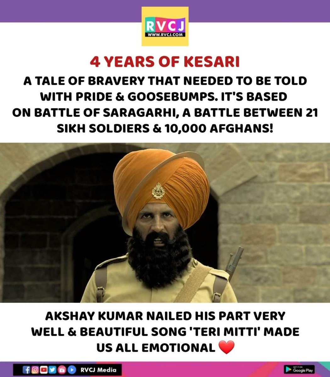 rvcjmovies's tweet photo. 4 Years Of Kesari!

#kesari #akshaykumar #rvcjinsta #rvcjmovies @akshaykumar https://t.co/P4FgVW1NvK