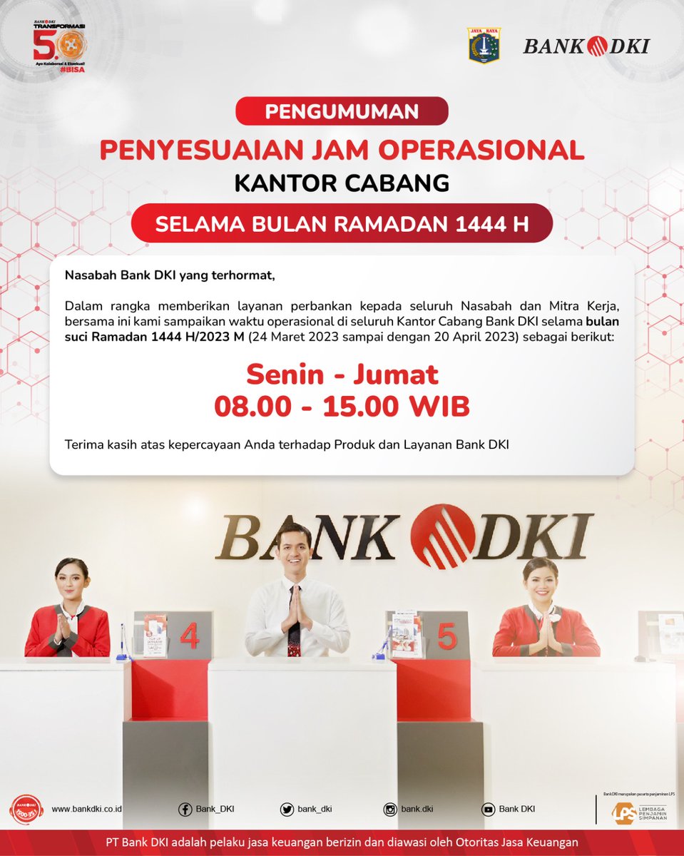 bankjakarta_'s tweet photo. Nasabah Bank DKI yang terhormat,

Menyambut bulan suci Ramadan 1444H/2023 M, kami menginformasikan kepada seluruh Nasabah Bank DKI terkait penyesuaian jam operasional Kantor Cabang Bank DKI Selama Bulan Suci Ramadan 1444 H sebagai berikut:

#BankDKI
#BankDKIBisa
#Ramadan1444H https://t.co/nBIoS4gFzE