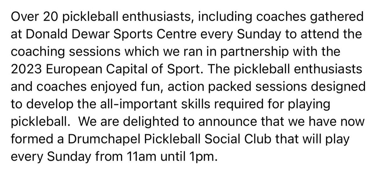 As part of our drive and passion to develop pickleball in the local area, we have just held 8 incredibly successful and enjoyable pickleball coaching sessions at the Donald Dewar Sports Centre, in Drumchapel.

<a href="/Glasgow_Sport/">Glasgow Sport</a> 
#GlasgowECOS2023