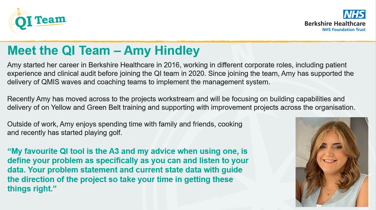 BerkshireQI's tweet image. Next up on our #MeettheQIteam is @AmyHindley2 
Quality Improvement Practitioner in the #QIprojects and building capabilities workstream #QItwitter