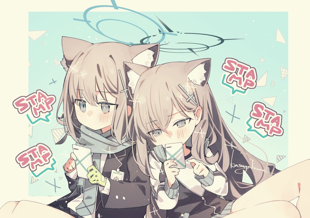 shiroko (blue archive) multiple girls 2girls animal ears scarf jacket halo gloves  illustration images